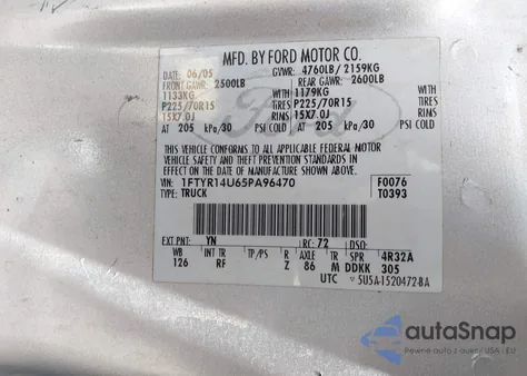 2005 Ford Ranger Edge/Stx/Xl/Xlt z USA, uszkodzony, nr VIN 1FTYR14U65PA96470
